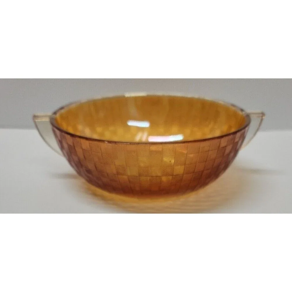 Iridescent checkered patterned depression glass bowl w 2 handles